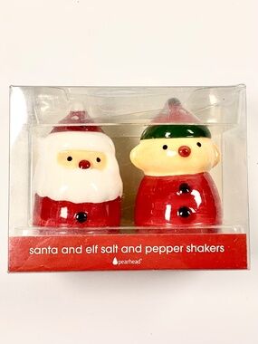 Festive Christmas Elf & Santa Ceramic Tabletop Salt Pepper Shaker Set Red Green